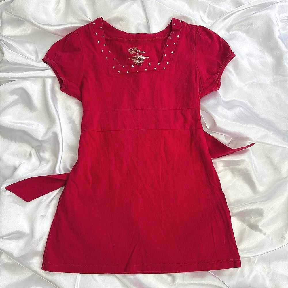 Copper Key Red Rhinestone Square Neck Empire Waist Tie Back Tunic Top Sz 14